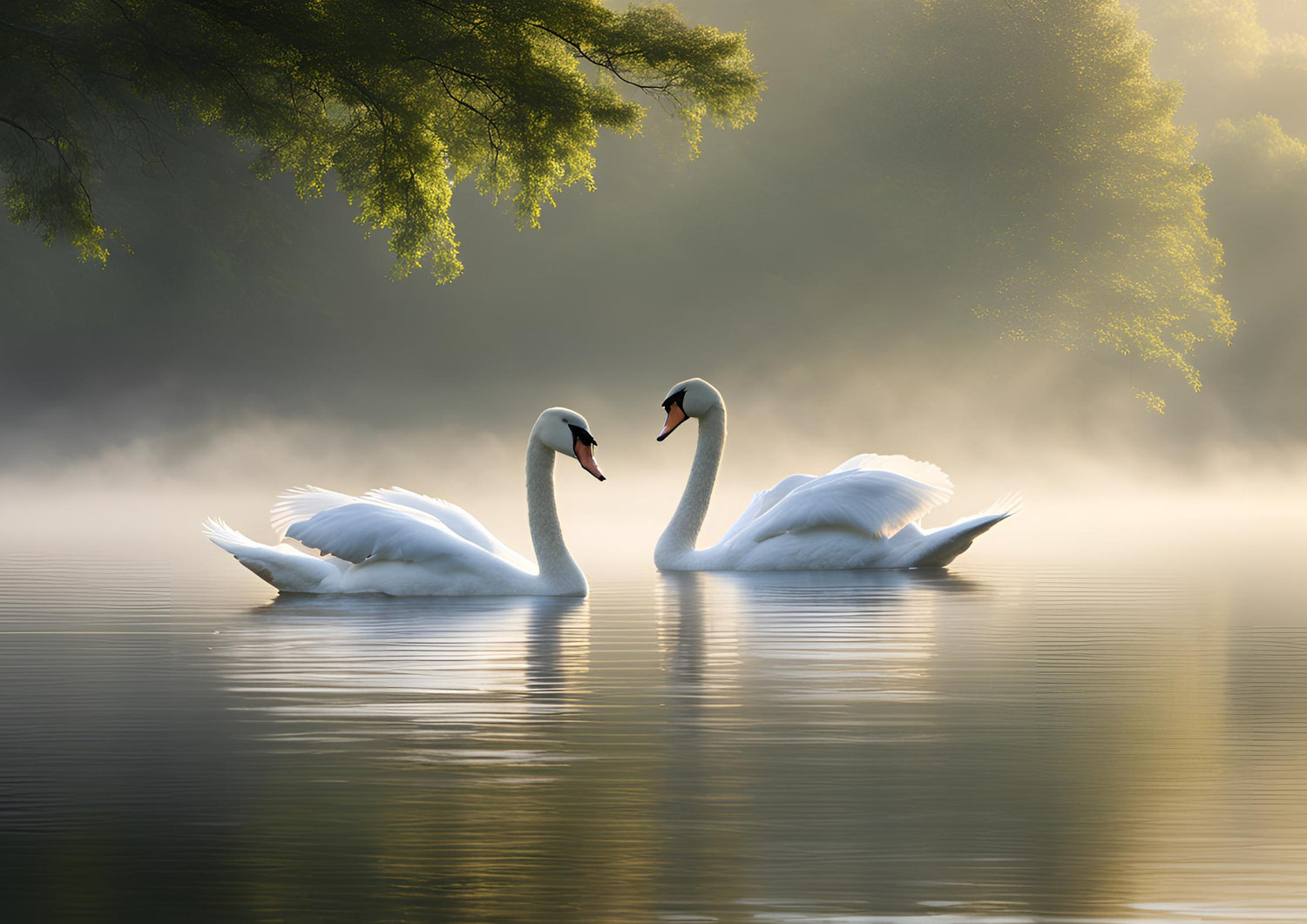 Two white swans facing each other on a misty lake in golden morning light
