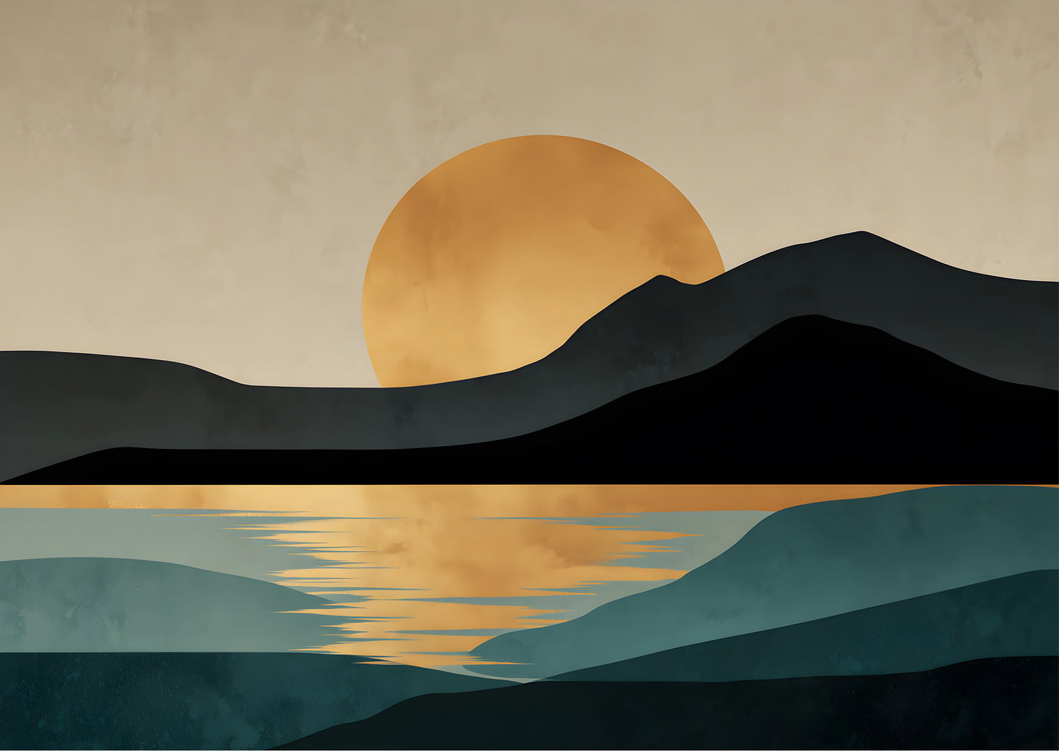 Minimalist gold sun over dark hills and still teal water