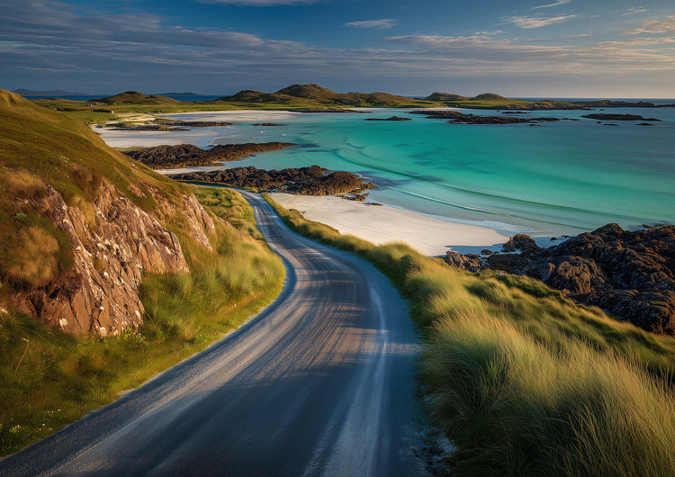 Winding single-track coast road above a turquoise Hebridean bay