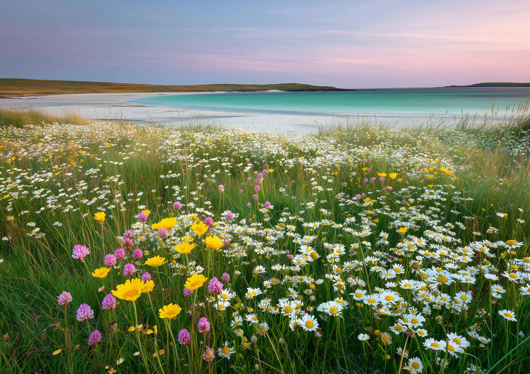 A Hebridean machair meadow in full flower, daisies and wildflowers above a turquoise sea