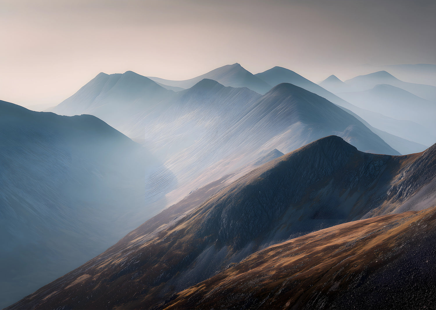 Layered Highland ridges receding into morning mist