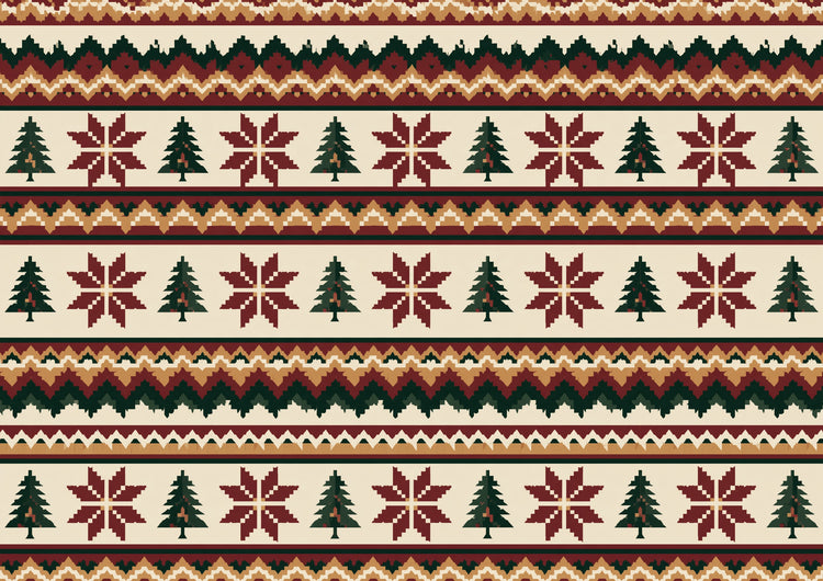 A repeating Fair Isle knitting pattern of eight-point stars, small conifers and zigzag bands in oxblood, deep pine and ochre on undyed cream