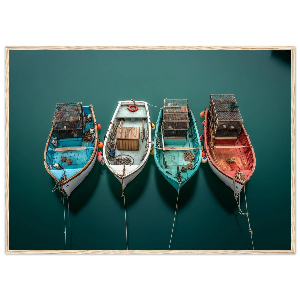 Overhead harbour scene with four coloured hulls, framed in pale natural wood
