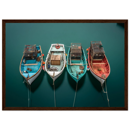 Aerial view of moored fishing boats, framed in dark brown wood