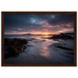 Violet and gold coastal sunset poster in a dark brown wood frame
