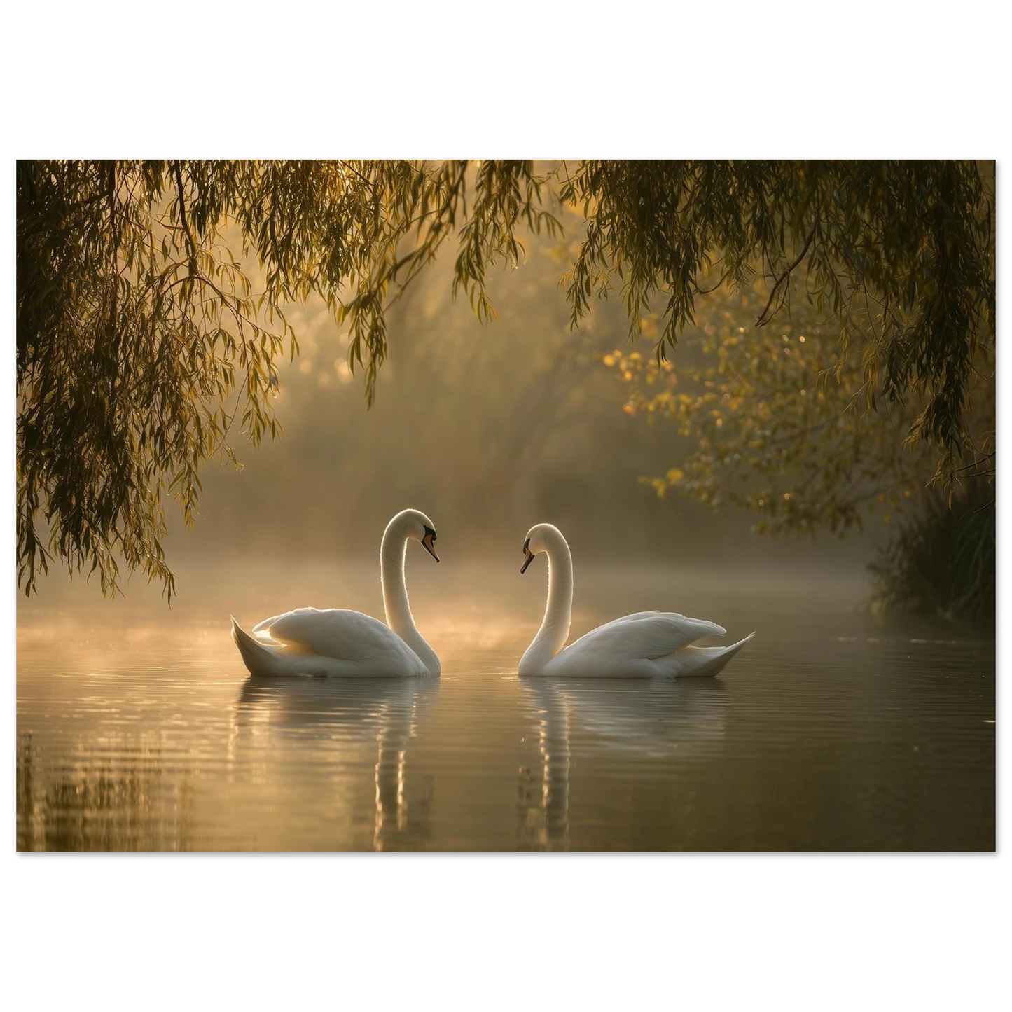 Two mute swans facing each other on a misty lake in golden morning light, unframed print