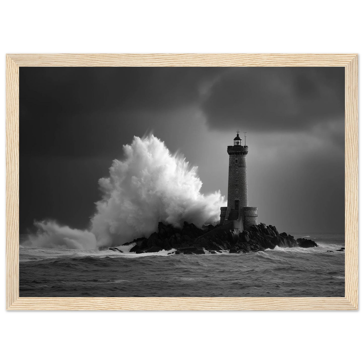 Storm at a lighthouse in black and white, framed in pale oak with a wide mount