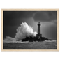 Storm at a lighthouse in black and white, framed in pale oak with a wide mount
