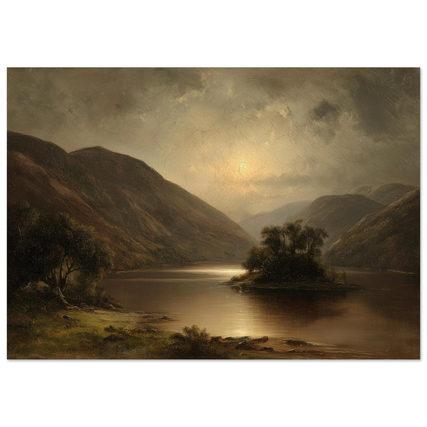 Antique oil landscape of a still loch, framed in dark grey