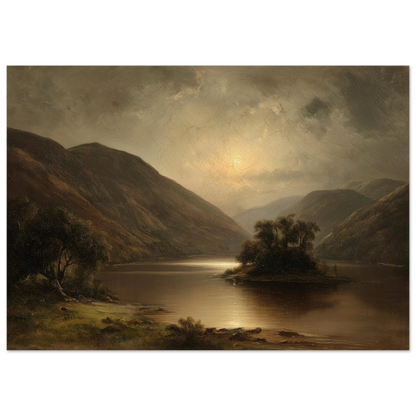 Antique oil landscape of a still loch, framed in dark grey