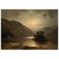 Antique oil landscape of a still loch, framed in dark grey