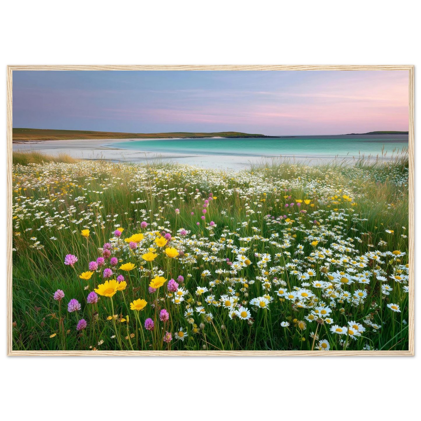 Coastal wildflower meadow print in a pale natural wood frame