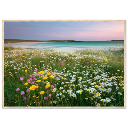 Coastal wildflower meadow print in a pale natural wood frame