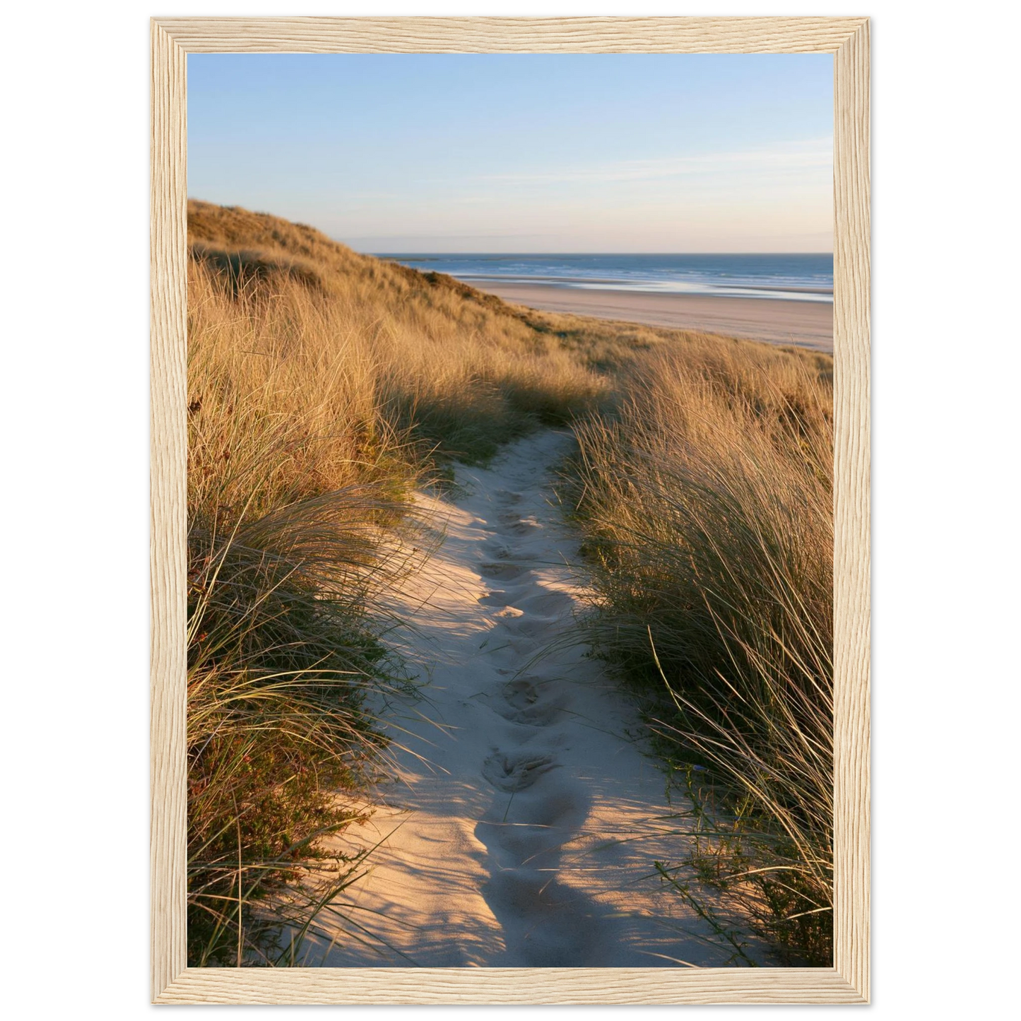 Sand track through amber marram grass to an empty beach at golden hour, print in a natural light wood frame