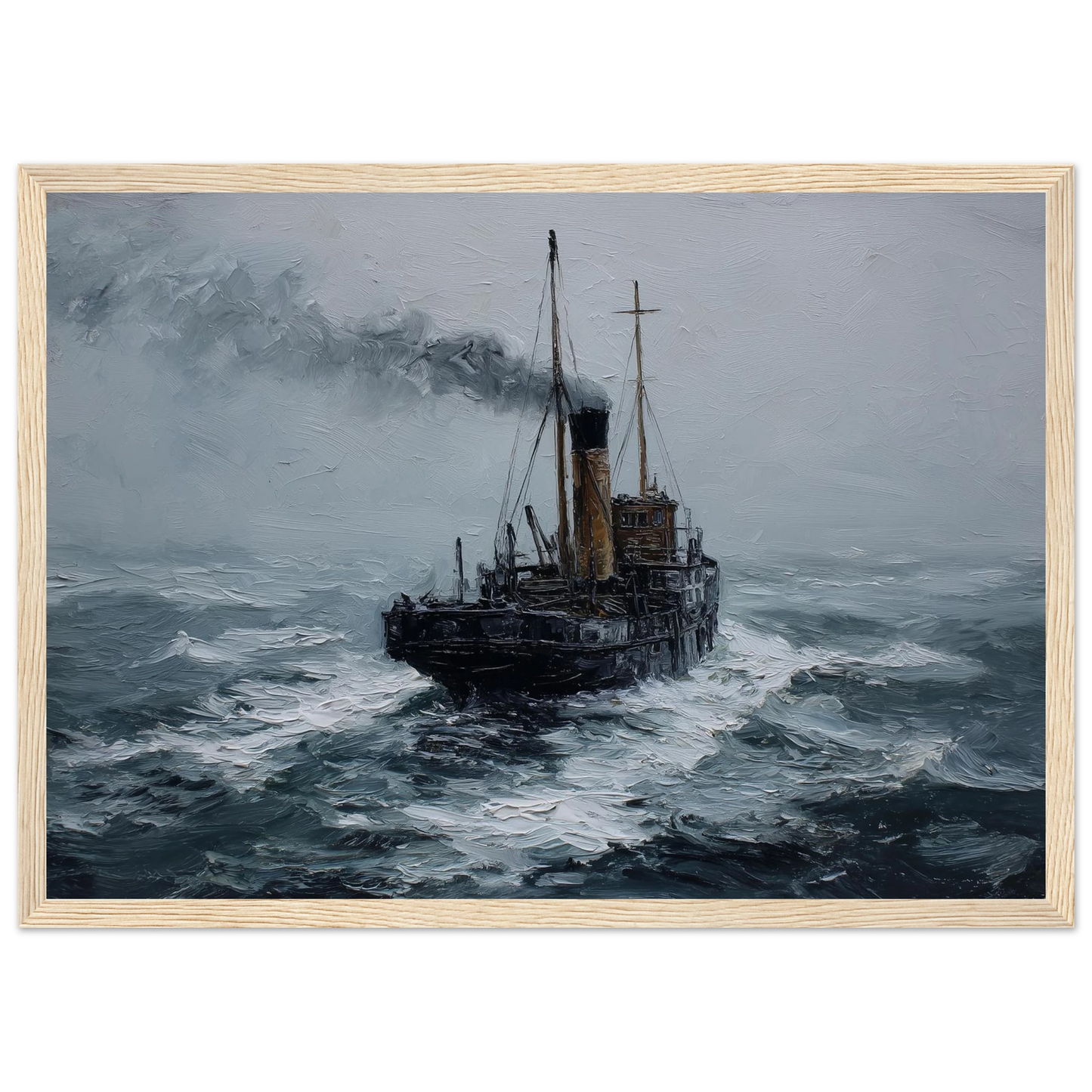 Puffer punching through grey seas, framed in pale oak with a wide mount