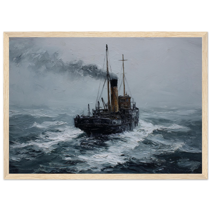Puffer punching through grey seas, framed in pale oak with a wide mount