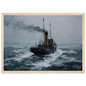 Puffer punching through grey seas, framed in pale oak with a wide mount