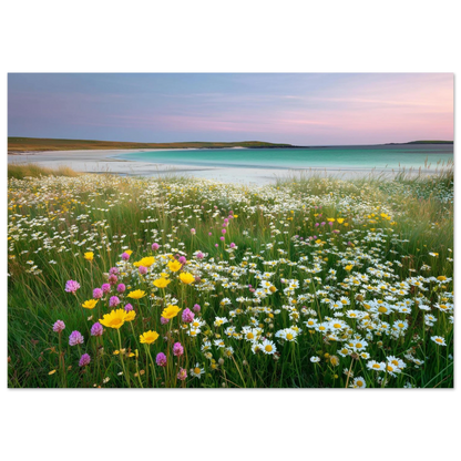 Machair in flower at dusk, framed coastal wall art in dark grey