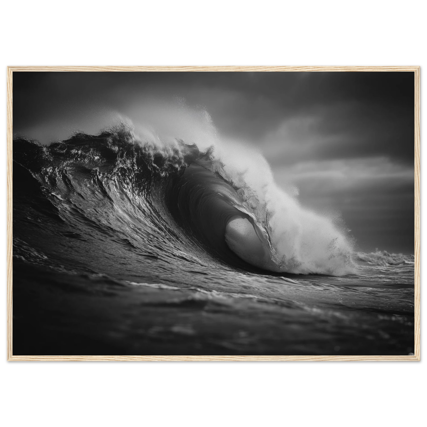 Ocean barrel wave in monochrome, print in a dark grey frame