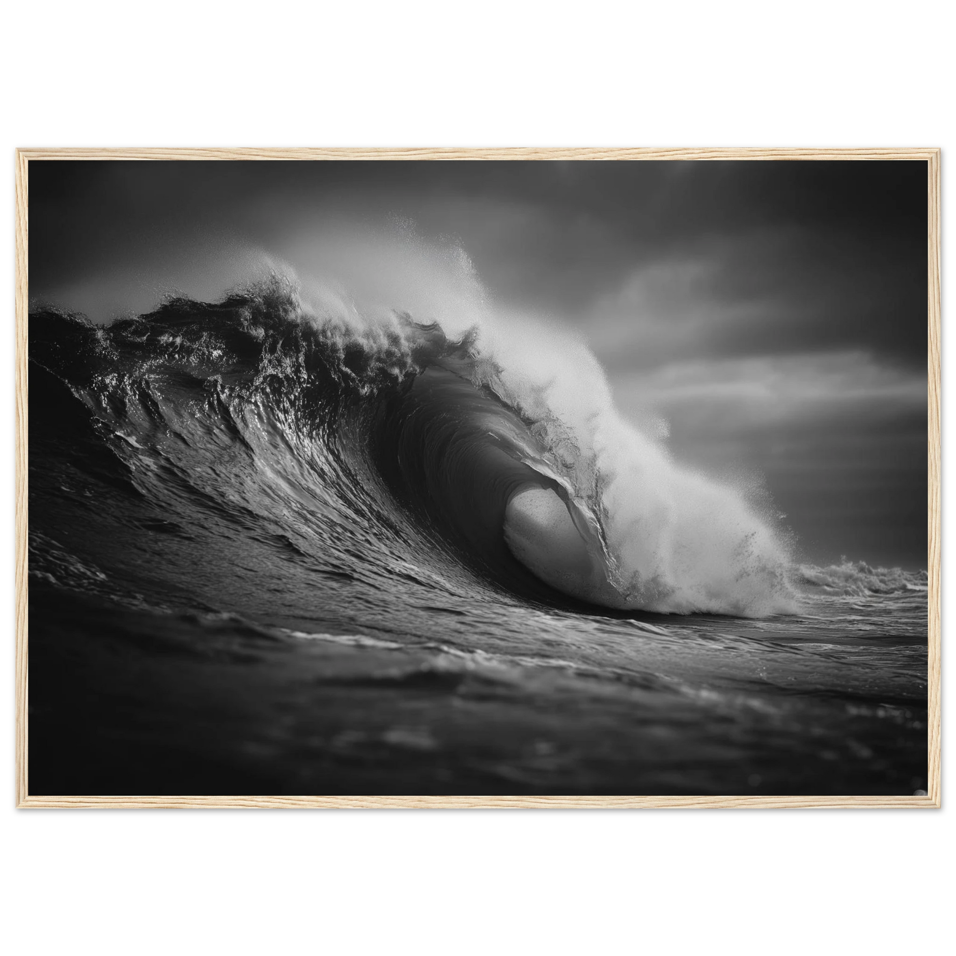 Ocean barrel wave in monochrome, print in a dark grey frame