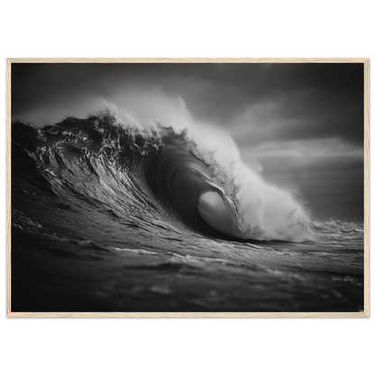 Ocean barrel wave in monochrome, print in a dark grey frame