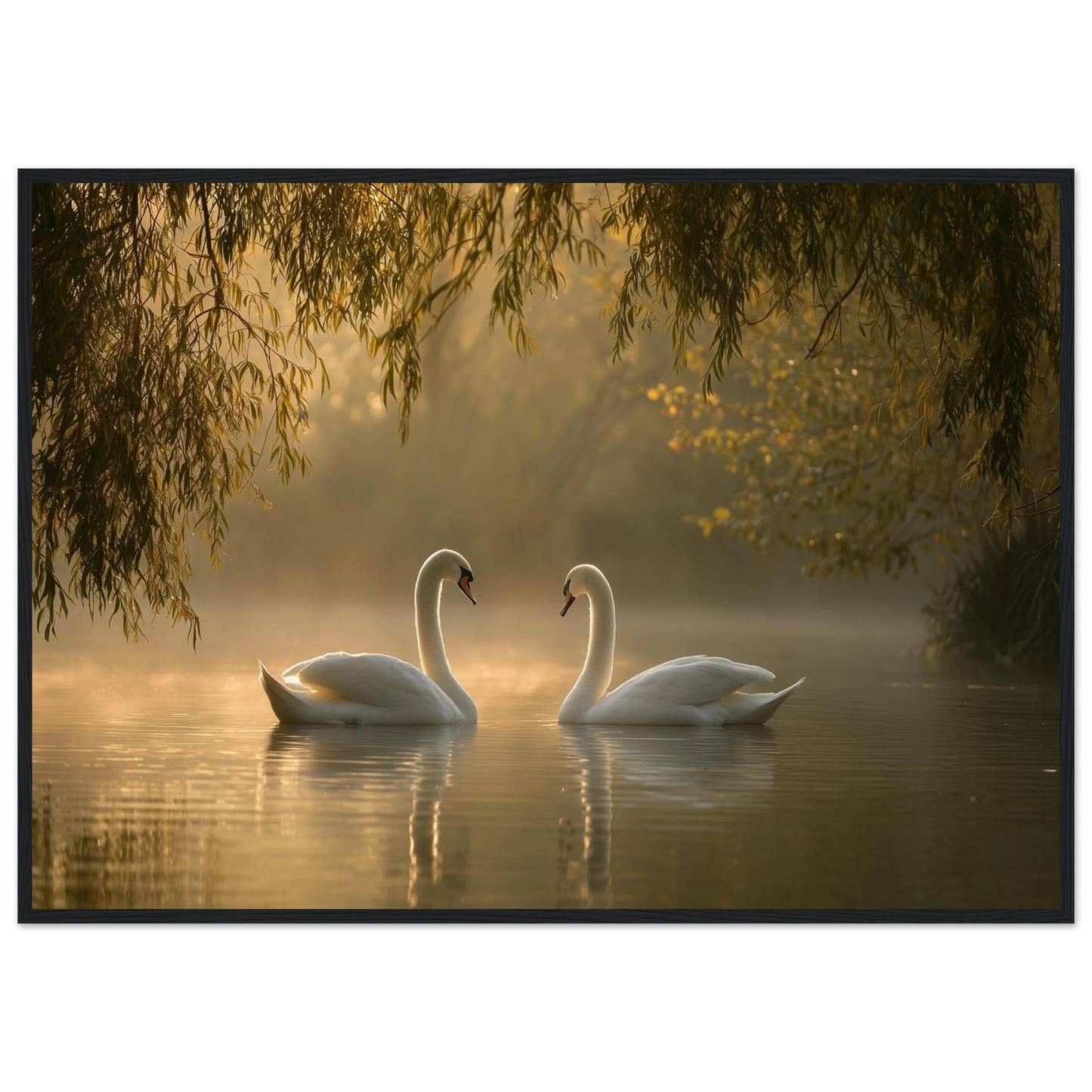 Two mute swans facing each other on a misty lake in golden morning light, print in a black frame