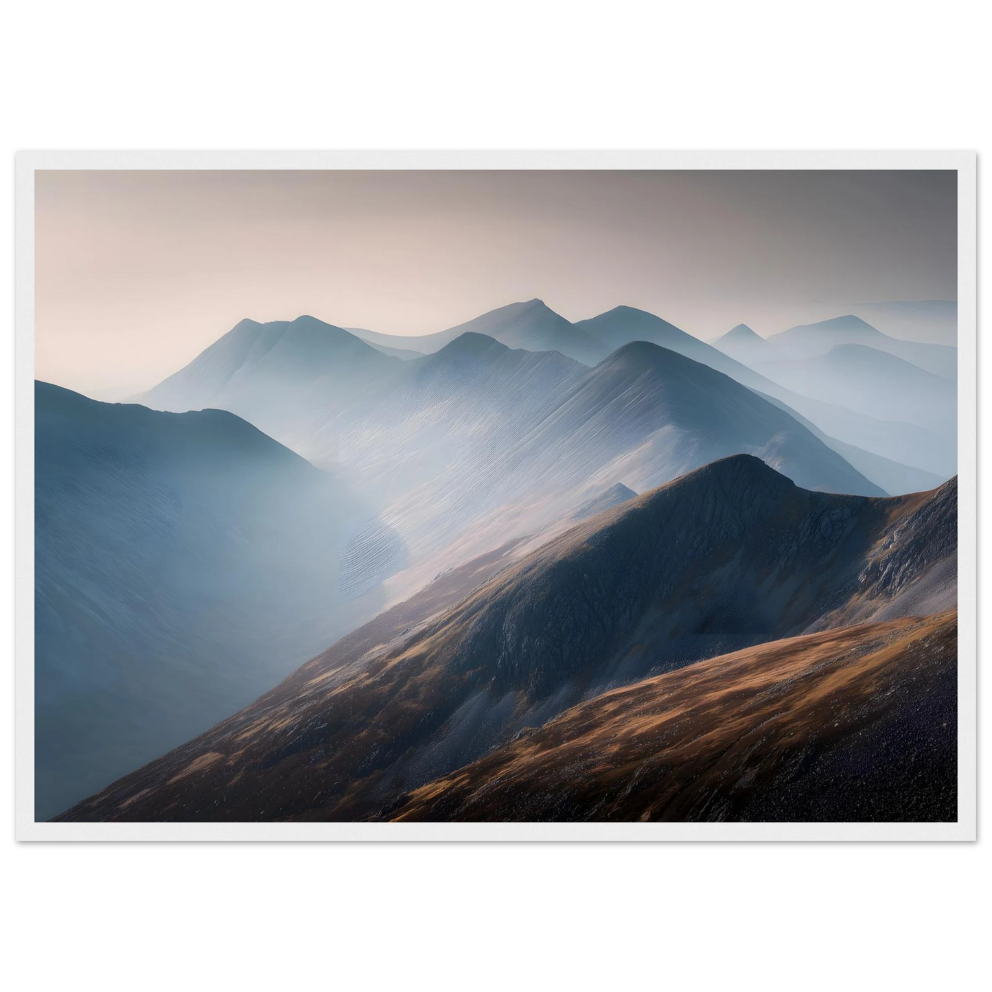 Highland ridges in mist, framed in white with a slim mount