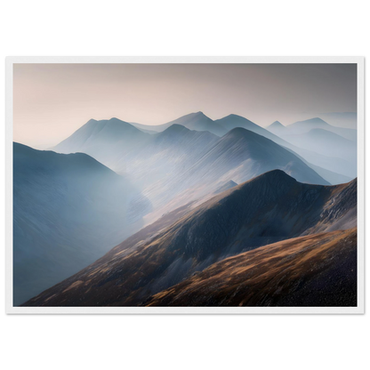 Highland ridges in mist, framed in white with a slim mount