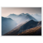 Highland ridges in mist, framed in white with a slim mount