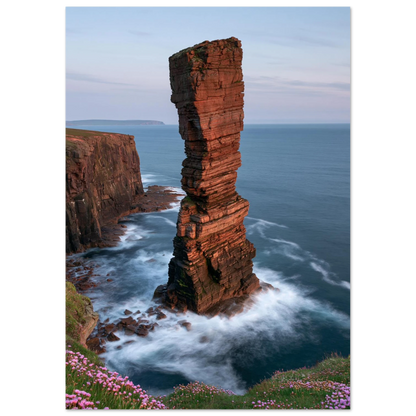 Red sandstone sea stack at last light with white water swirling at its base, unframed print