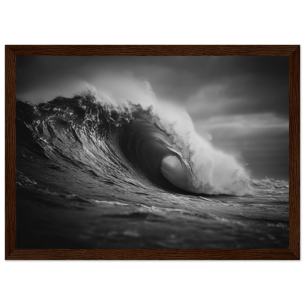Black and white breaking wave, framed in warm dark wood