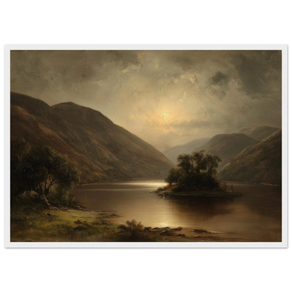 Antique oil landscape print of a Highland loch in a white frame