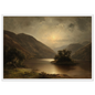 Antique oil landscape print of a Highland loch in a white frame