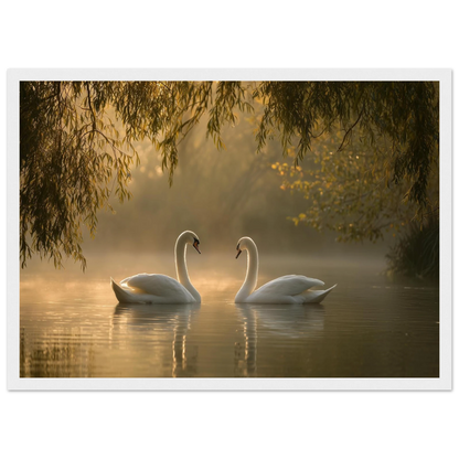 Two mute swans facing each other on a misty lake in golden morning light, print in a white frame