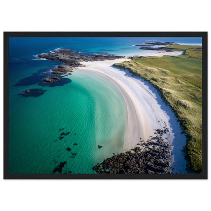 Turquoise Hebridean shallows and dark rock, print in a dark grey frame