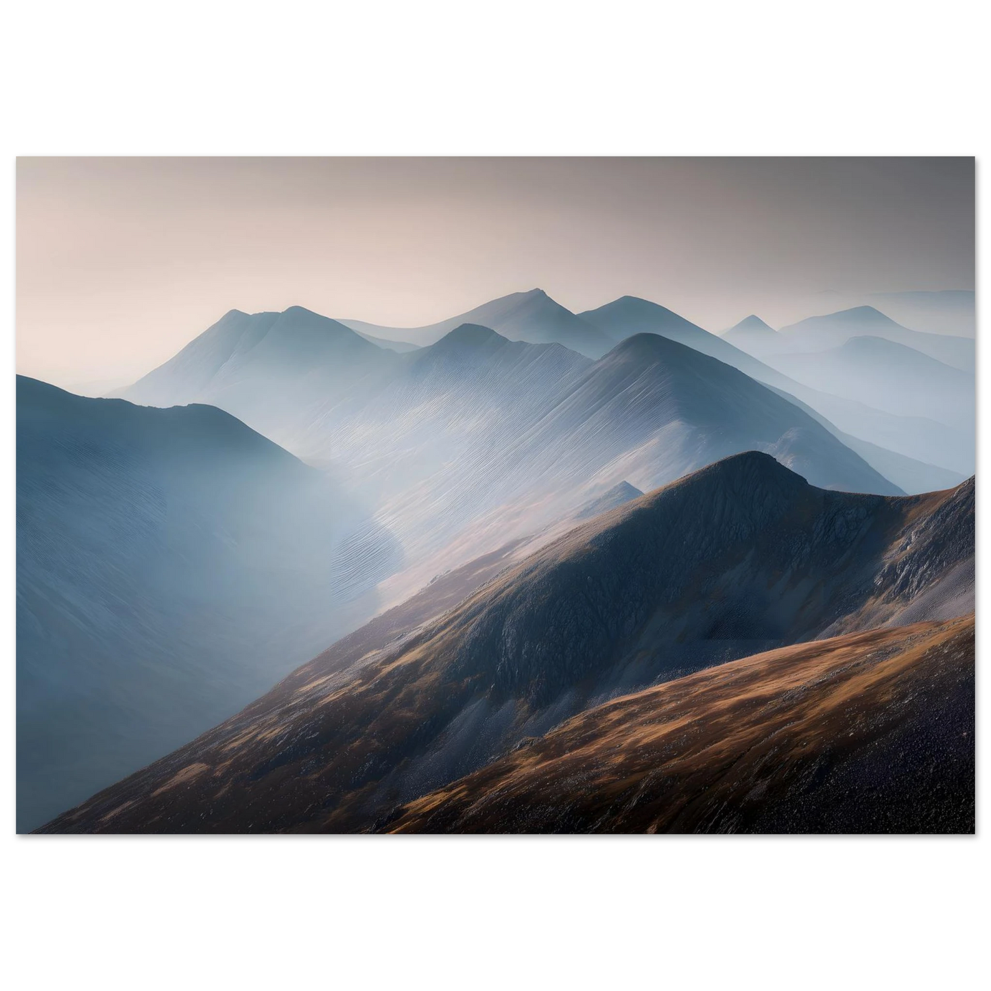 Scottish Highland landscape of layered ridges in mist, framed in dark grey