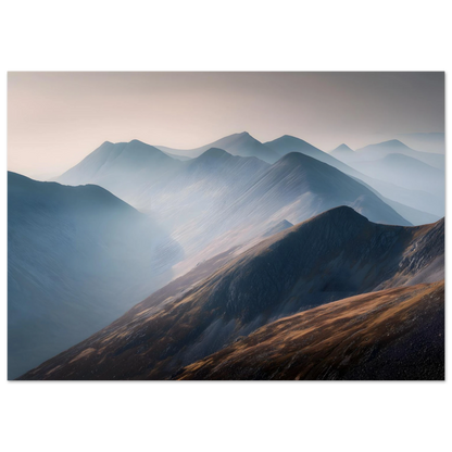Scottish Highland landscape of layered ridges in mist, framed in dark grey