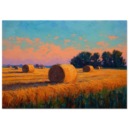 Hay bales casting long shadows across ochre stubble, print in a dark frame