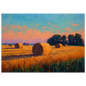 Hay bales casting long shadows across ochre stubble, print in a dark frame