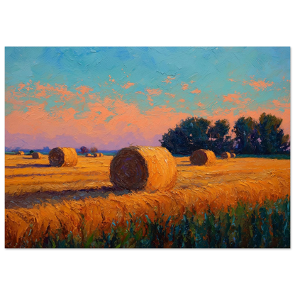 Cut hayfield at sunset with a distant line of trees, print in a dark frame