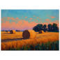 Cut hayfield at sunset with a distant line of trees, print in a dark frame