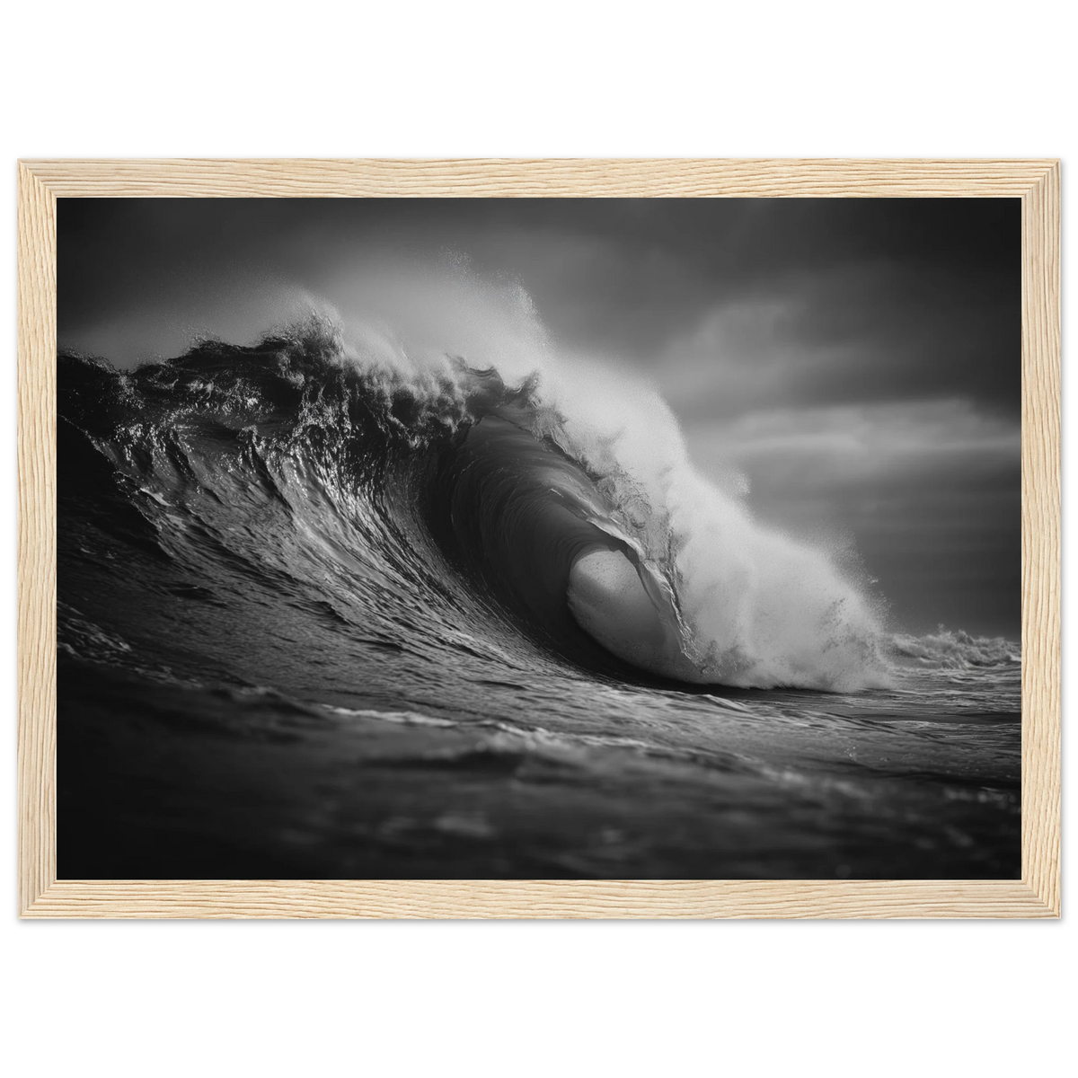 Monochrome breaking wave, framed in light natural wood with a wide mount
