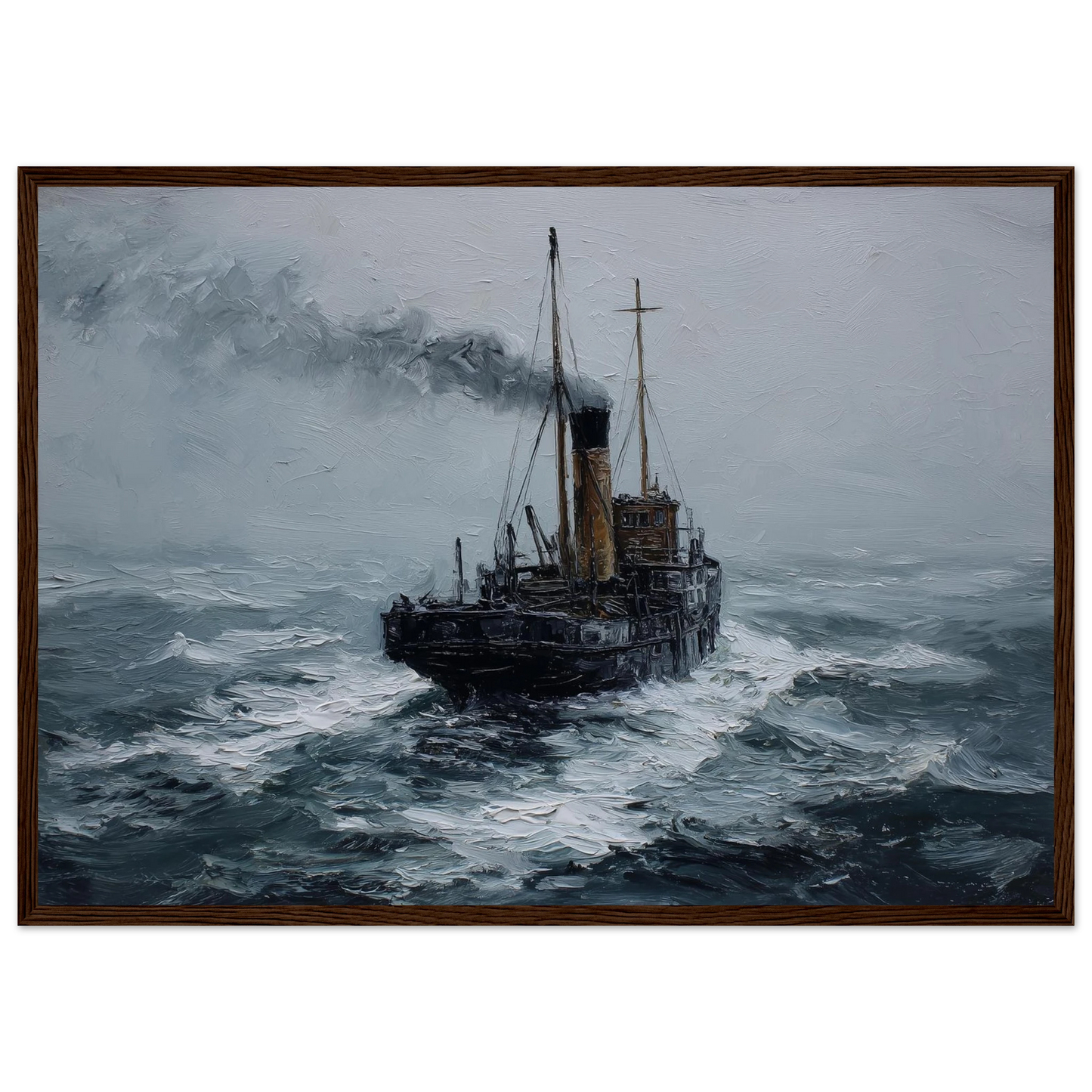 Small steamer in rough water, framed in warm dark wood
