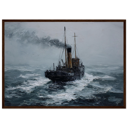 Small steamer in rough water, framed in warm dark wood