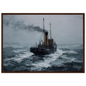 Small steamer in rough water, framed in warm dark wood