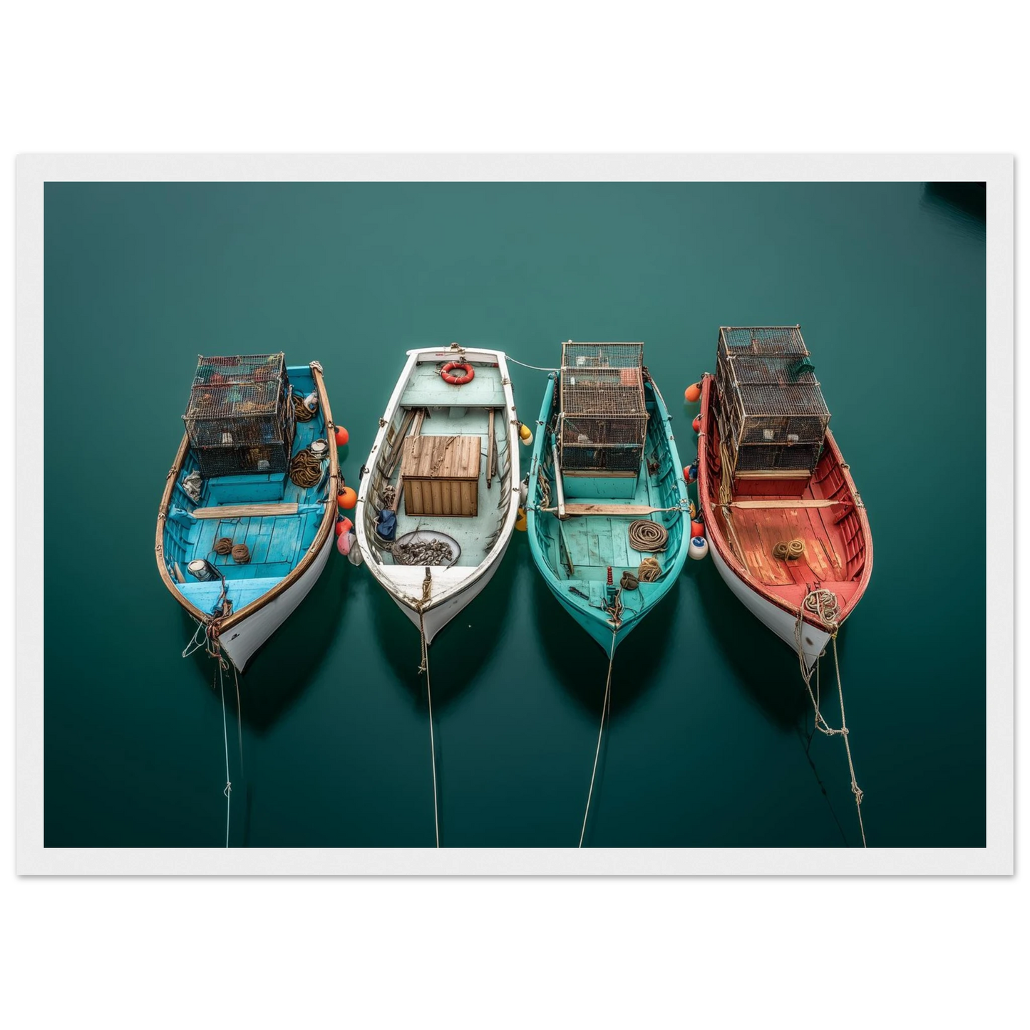 Overhead view of four painted fishing boats on dark green water, framed in white with a wide mount