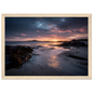 Moody beach sunset at low tide, art print in a pale natural wood frame