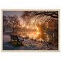 Frosted park lake at winter sunrise with an empty bench on the bank, print in a natural light wood frame