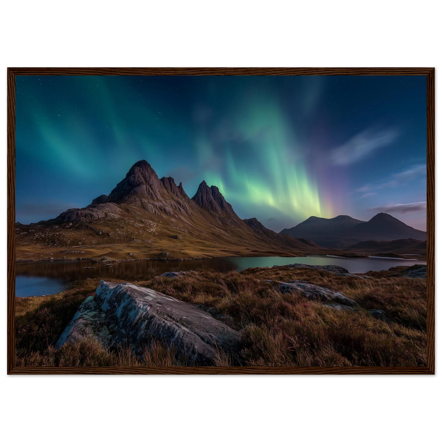 Green aurora above a Highland peak and heather foreground, in a dark brown wood frame