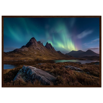 Green aurora above a Highland peak and heather foreground, in a dark brown wood frame
